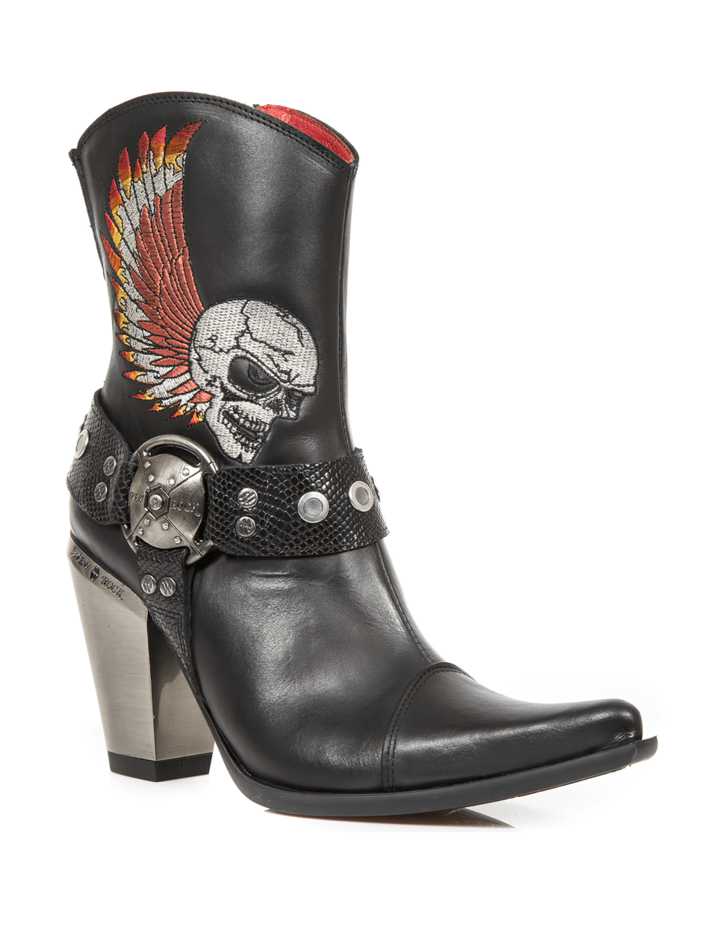 NEW ROCK Urban Style Leather Ankle Boots with skull and wings design, featuring metallic accents and durable sole.