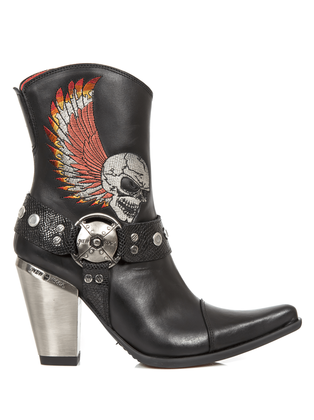 Edgy urban leather ankle boots featuring skull and wing embroidery, metallic heel, and stylish belt accents.