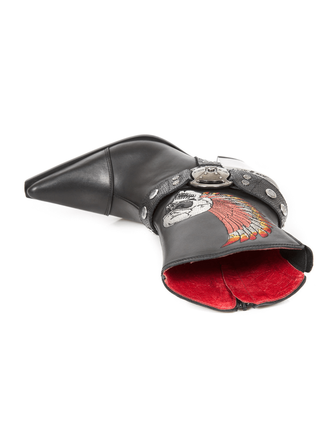 Edgy NEW ROCK leather ankle boots with striking skull embroidery and metallic accents, perfect for urban fashion.