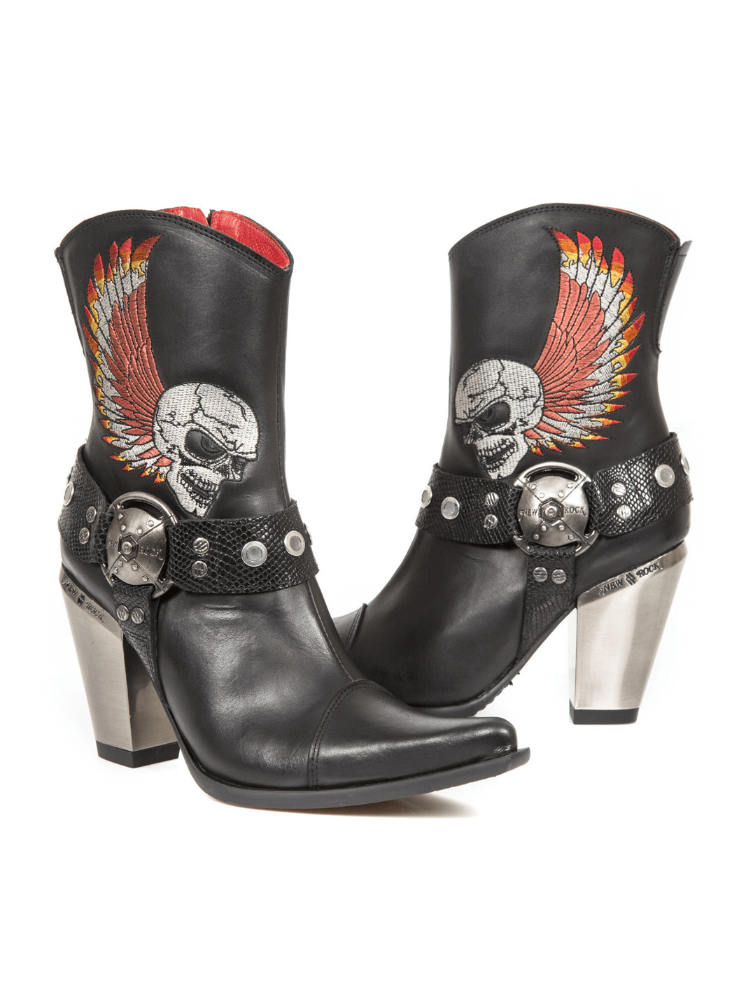 NEW ROCK Urban Style Leather Ankle Boots with Skull and Wing Design for edgy fashion lovers.
