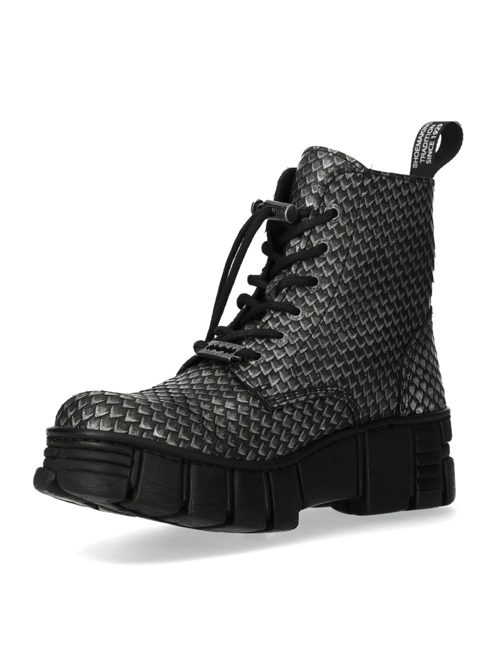 Edgy black lace-up boots with textured scale pattern, perfect for urban adventurers and rock enthusiasts.