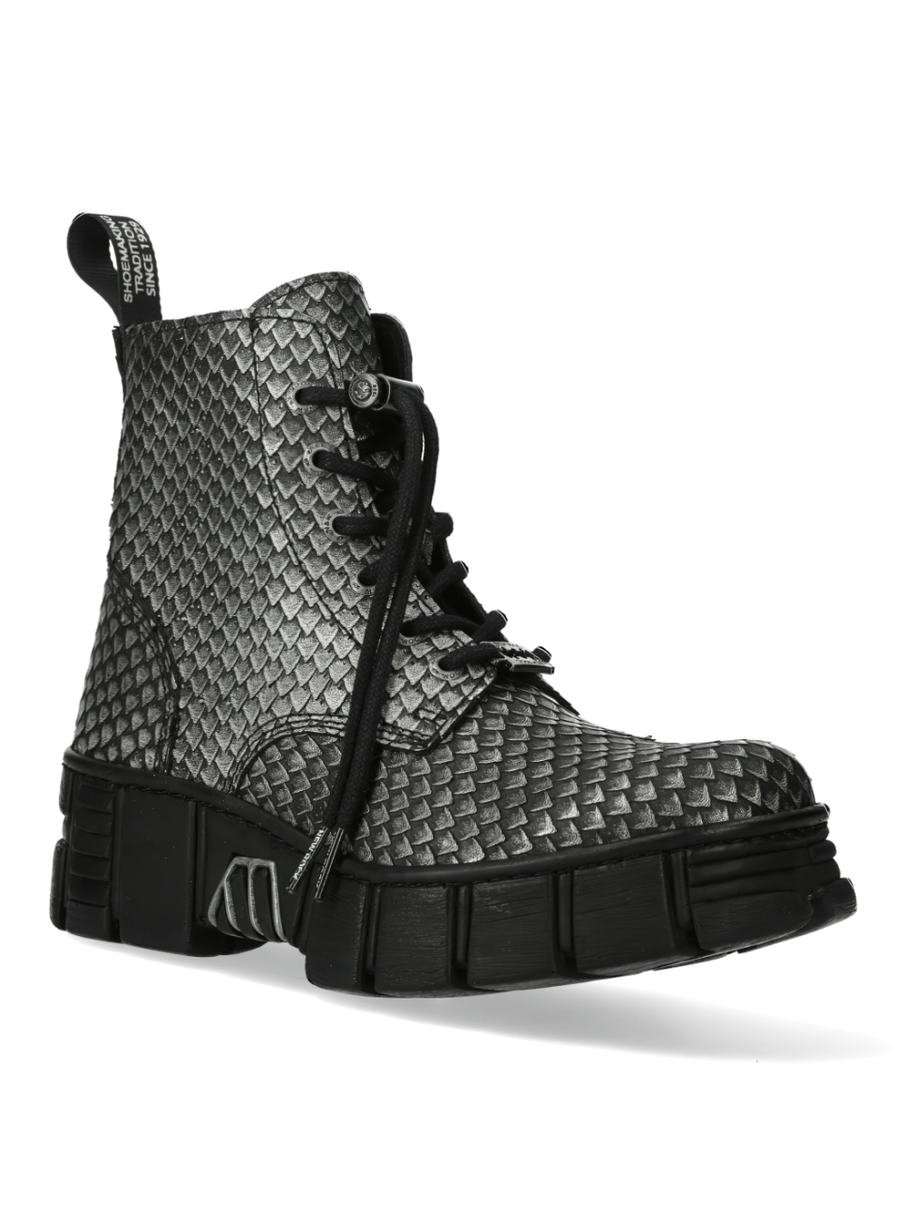 Textured black lace-up boots with unique scale design, perfect for urban adventures and rock style.