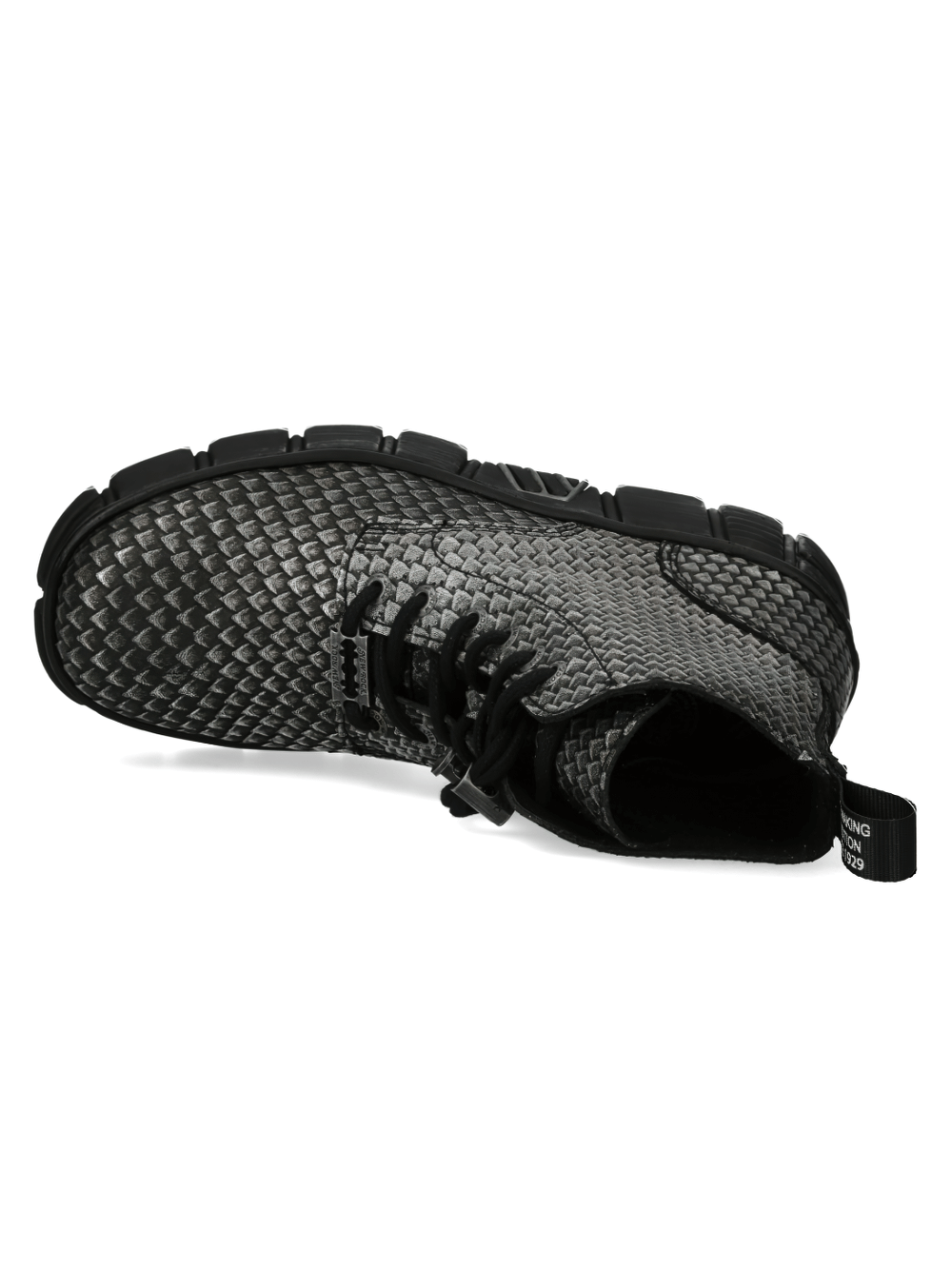 Stylish black lace-up boots with textured scale design, perfect for urban adventurers and rock enthusiasts.