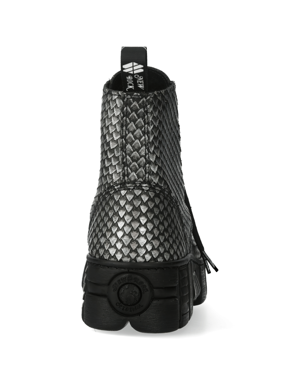 Back view of NEW ROCK Men's Urban Black Lace-Up Boots with textured scale design and robust PU-ultra sole.