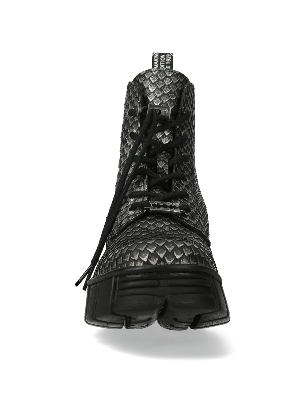 Black textured lace-up boots featuring a unique scale design, ideal for urban fashion enthusiasts.