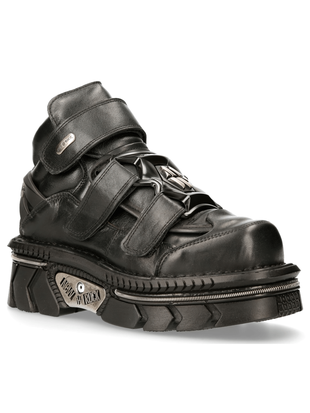 NEW ROCK black ankle boots with velcro closure, punk rock style, metallic accents, and a bold platform design.