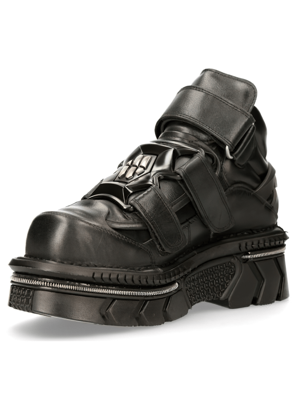 NEW ROCK Black Velcro Closure Ankle Boots with a bold military-inspired design and unique metallic flair.