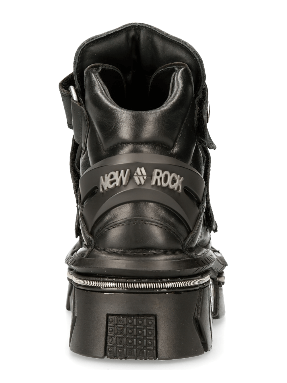 Back view of NEW ROCK black ankle boots with velcro closure, showcasing punk rock style and bold heel.