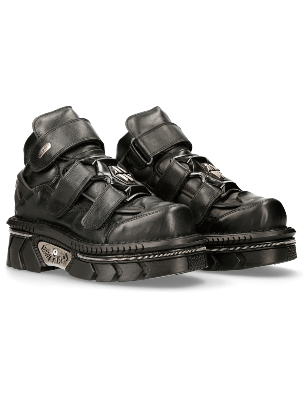 NEW ROCK Black Velcro Closure Ankle Boots with punk rock and military-inspired style.