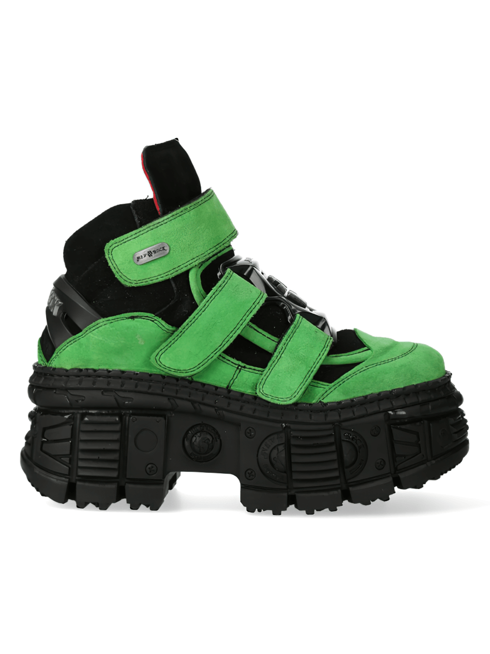 NEW ROCK Green-Black Velcro Straps Ankle Boots, edgy punk style footwear with durable sole and striking design.