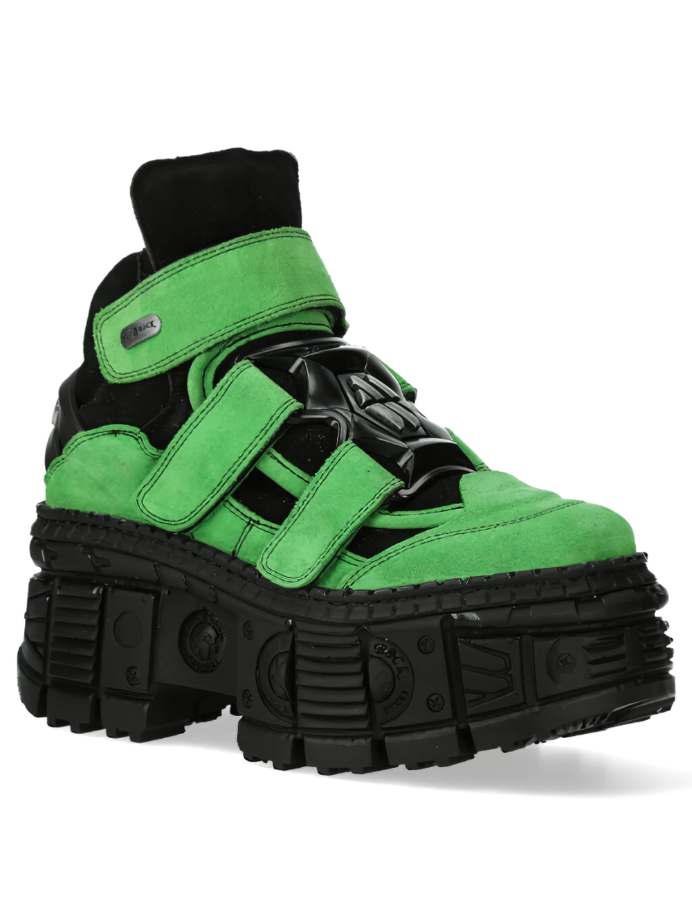 Green-Black punk ankle boots with Velcro straps and chunky sole for bold style.