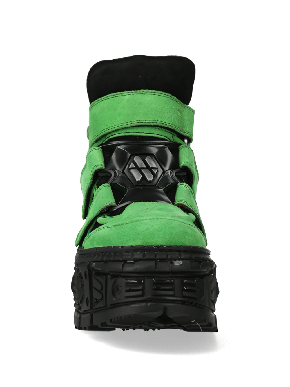 Edgy green-black velcro strap ankle boots from NEW ROCK, showcasing bold punk rock style and durable design.