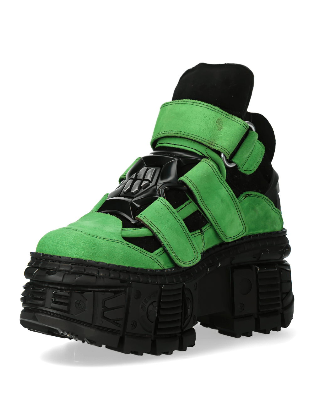 NEW ROCK Green-Black Velcro Straps Cow Leather Ankle Boots with bold punk design and chunky platform.