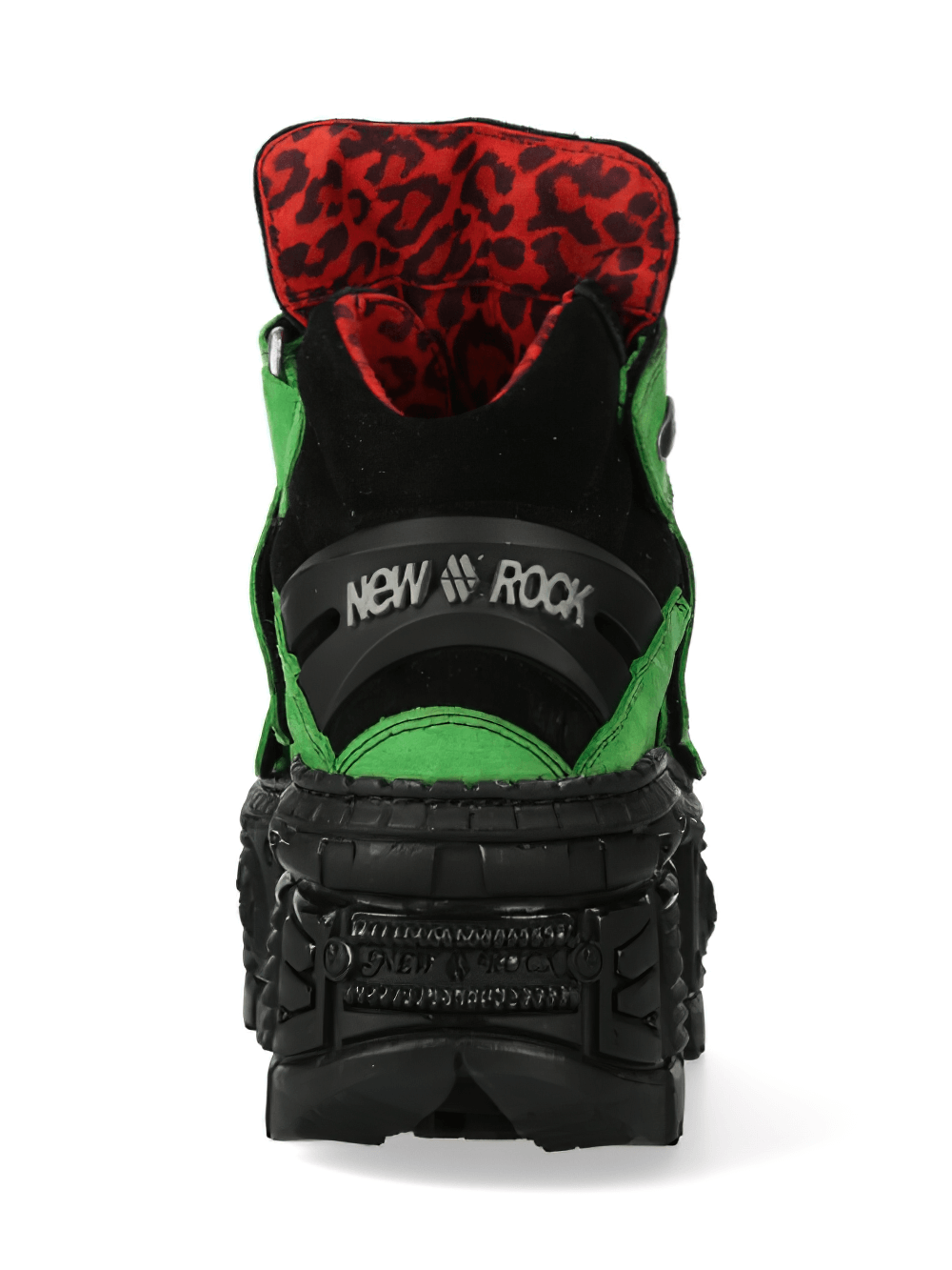 Back view of NEW ROCK punk green-black ankle boots showing velcro straps and bold leopard print lining.