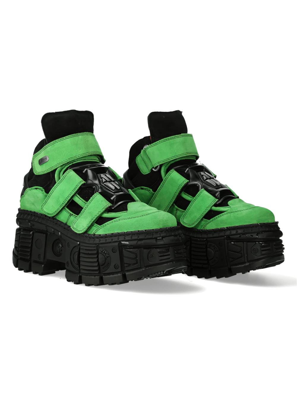 Bold green-black ankle boots with velcro straps and chunky sole for punk rock style.