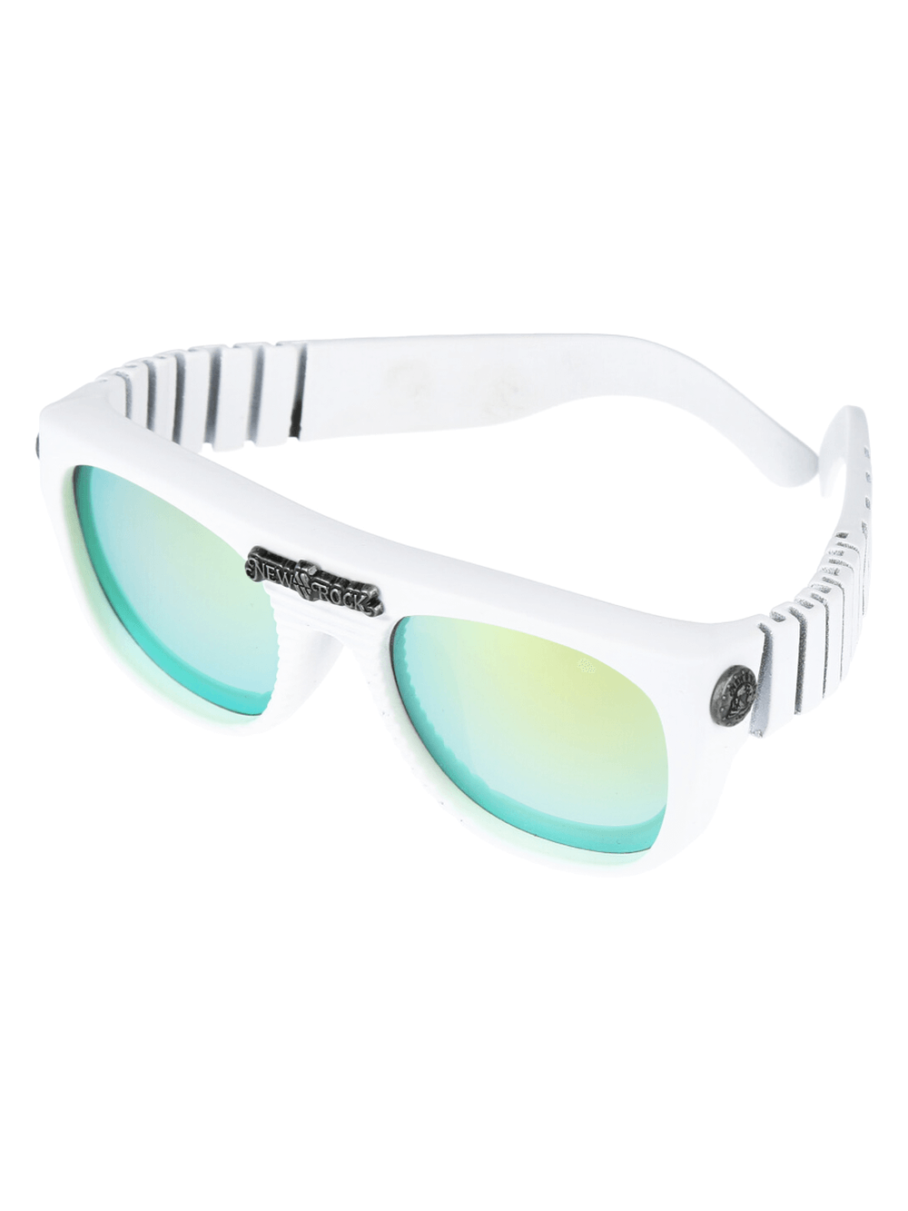 Stylish unisex white fashion sunglasses with color-shifting lenses for urban rock style.