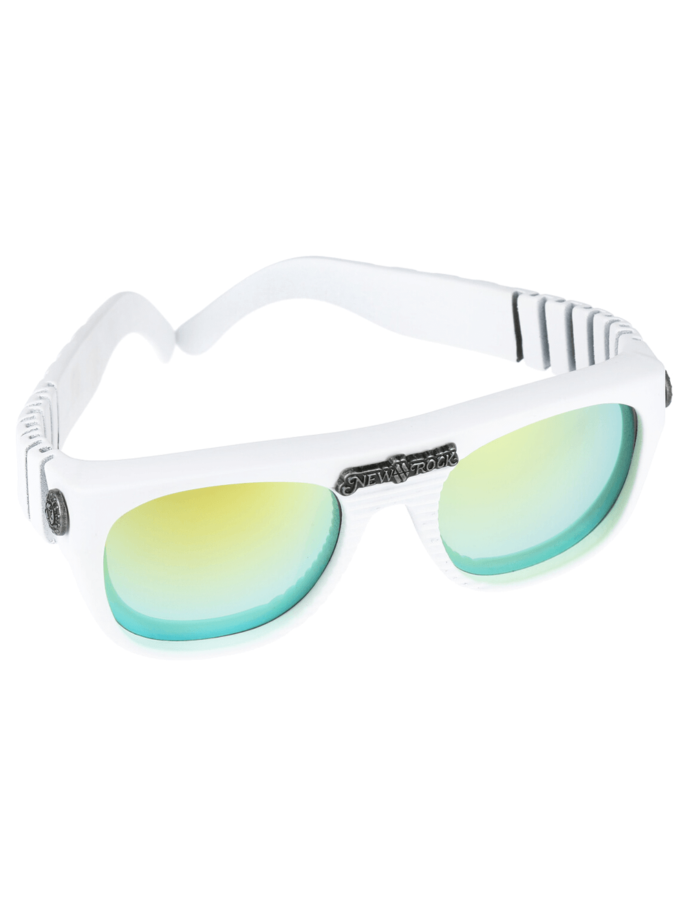 Stylish unisex white sunglasses with vibrant color-shifting lenses for an urban rock look.