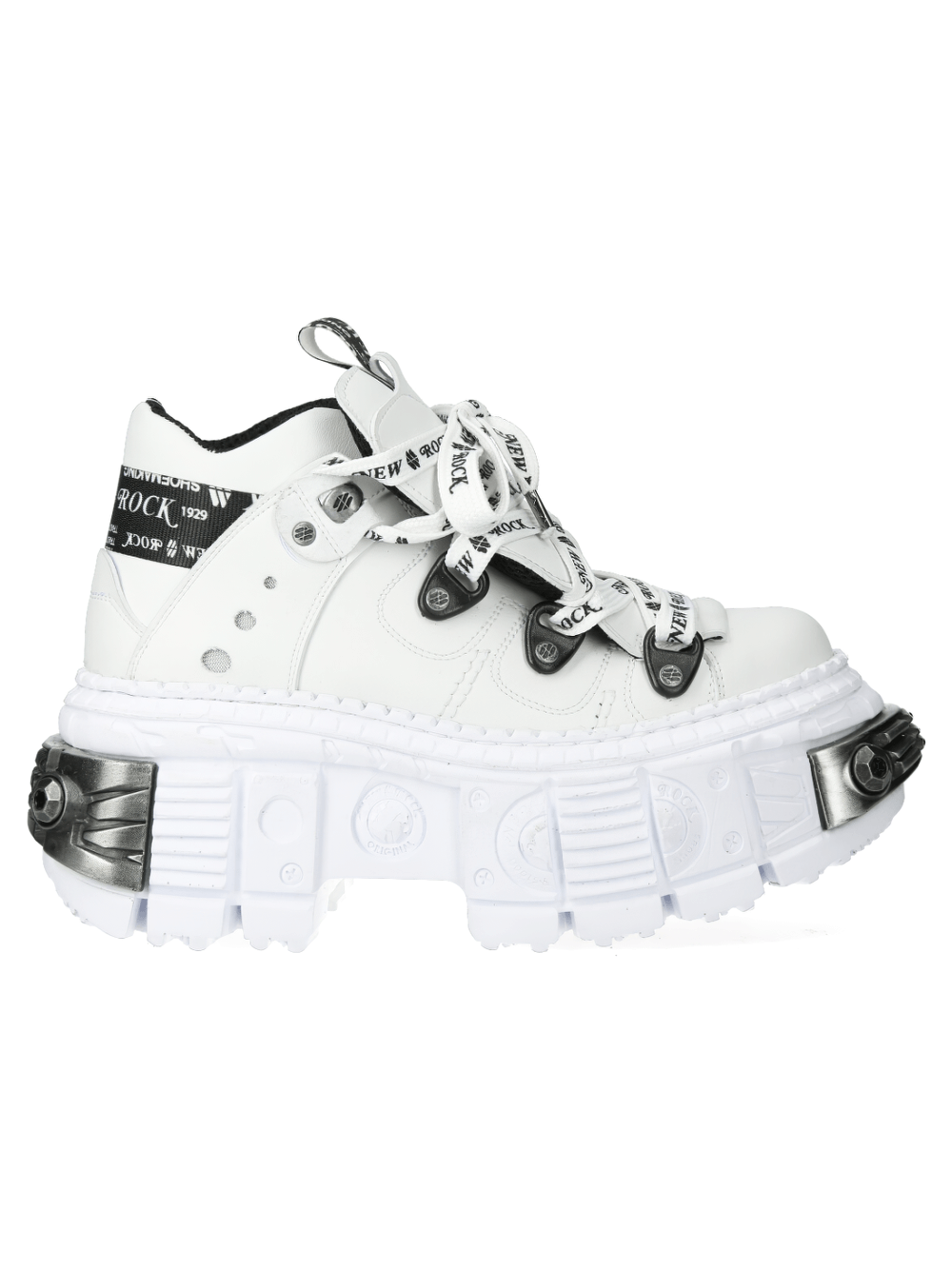 NEW ROCK White Gothic Platform Ankle Boots with metallic details, punk rock style, genuine leather, edgy design.