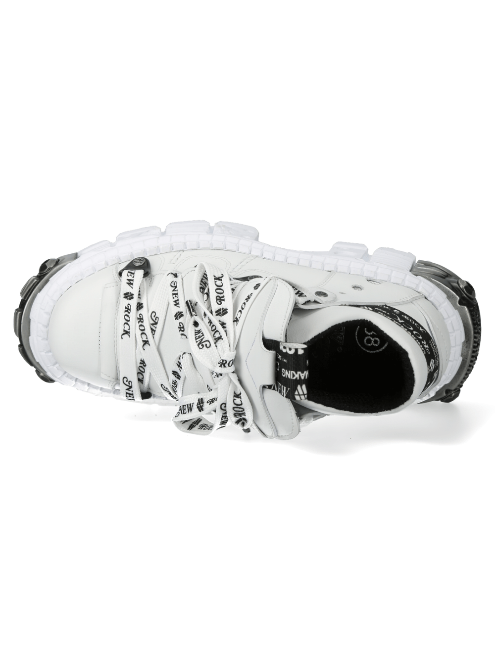 Top view of NEW ROCK White Gothic Platform Ankle Boots with unique metallic details and distinctive lacing.