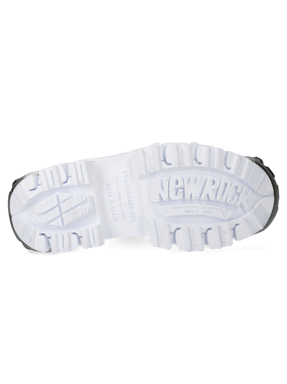 Bottom view of NEW ROCK White Gothic Platform Ankle Boots showing unique tread and metallic details for goth style.