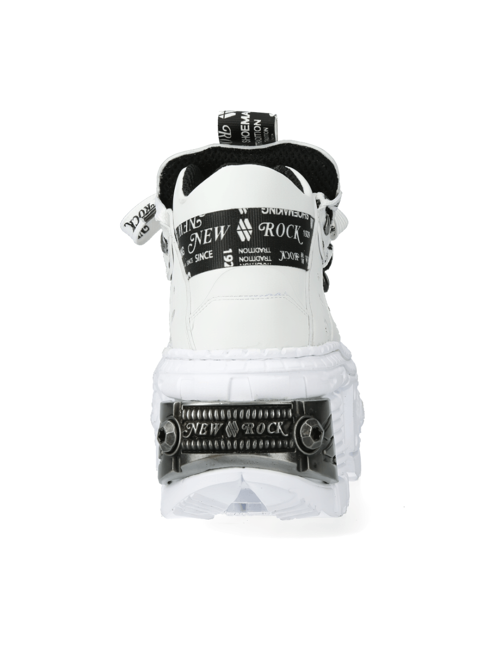 Back view of NEW ROCK white gothic platform ankle boots featuring metallic details and unique punk rock design.