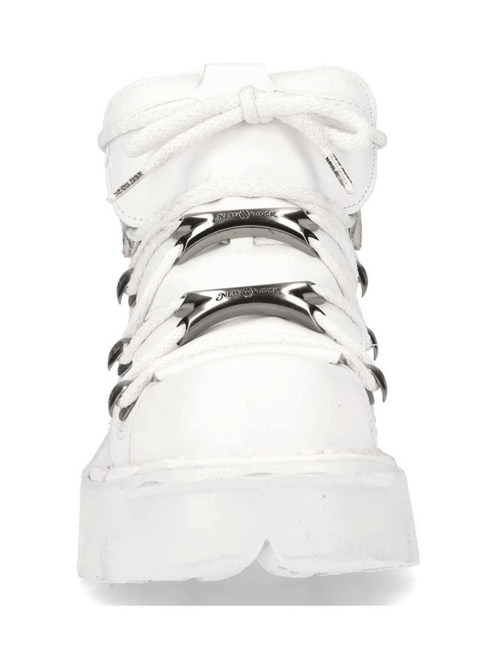 Front view of NEW ROCK white gothic punk shoes with metal accents and laces for edgy fashion.