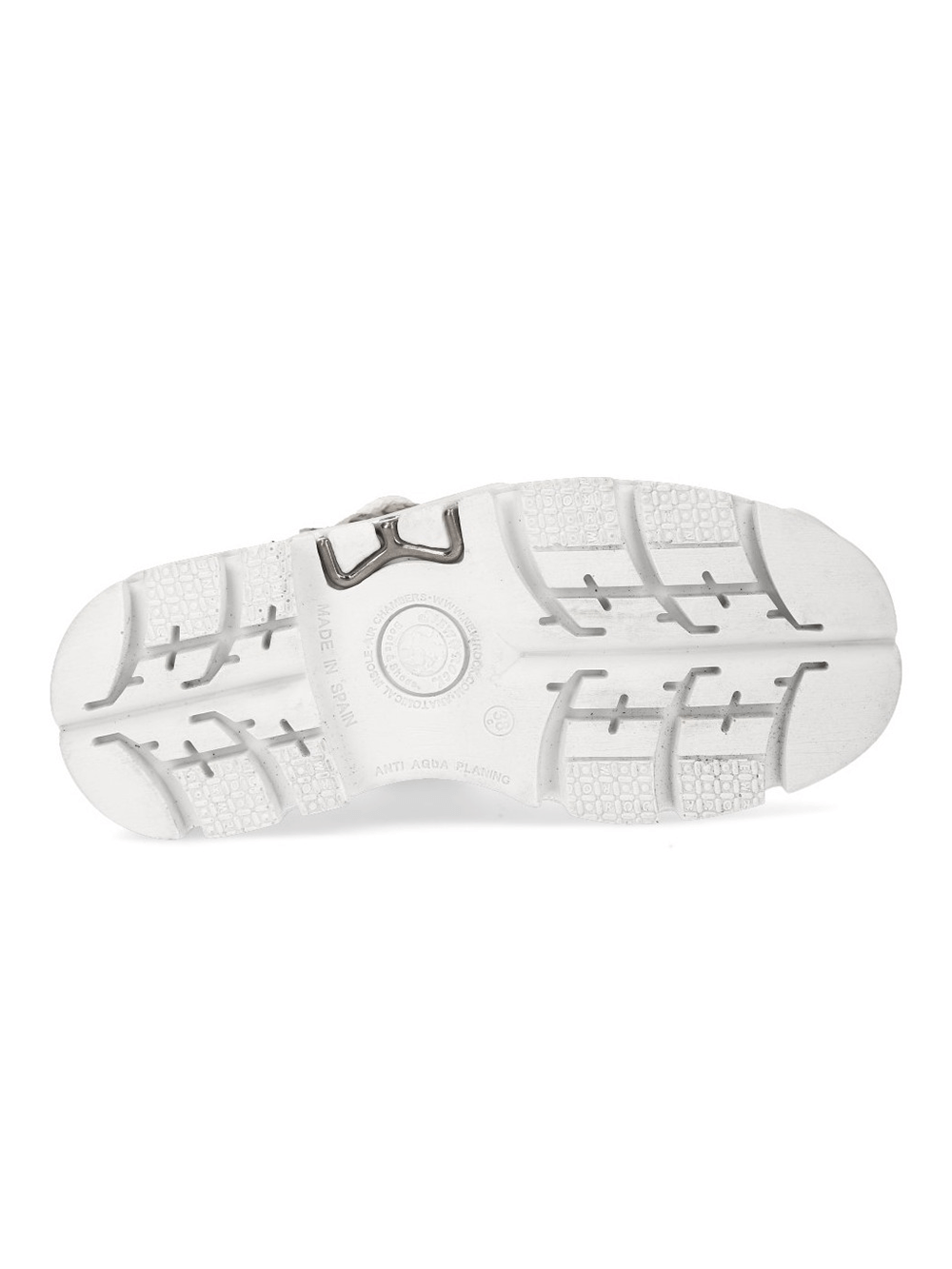 Sole view of NEW ROCK white gothic punk swag shoes featuring a textured outsole and metal accents for edgy style.