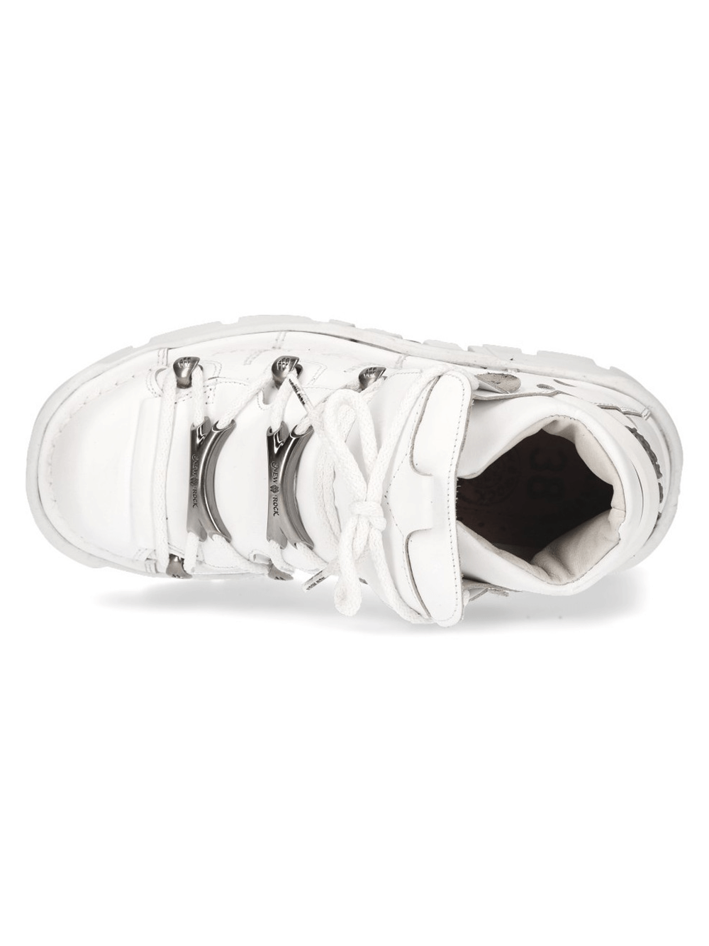 Top view of NEW ROCK white gothic punk swag shoes with metal accents and lace-up design.