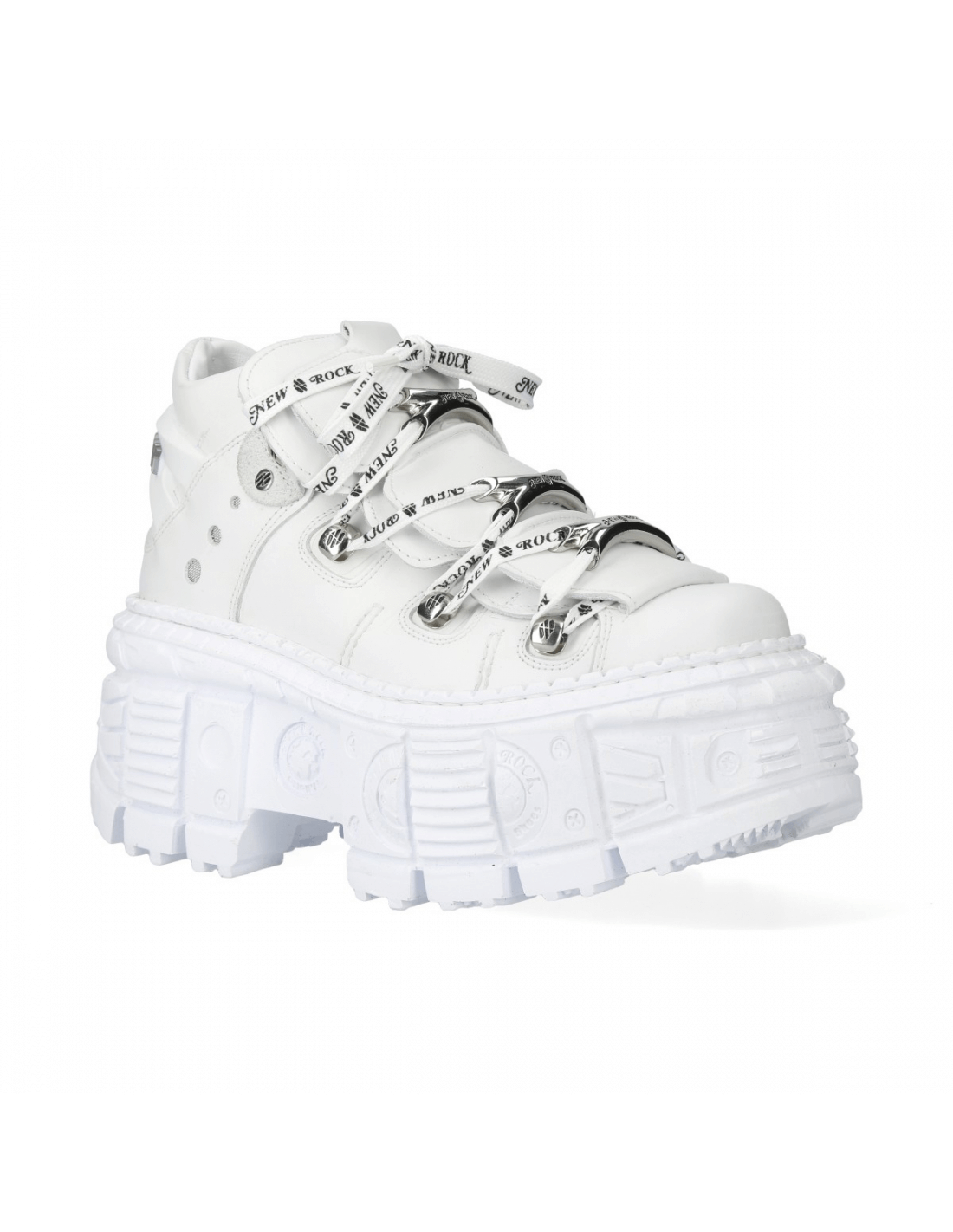 NEW ROCK Men's White Chunky Lace-Up Ankle Boots with metal loops and a thick sole for a punk rock flair.