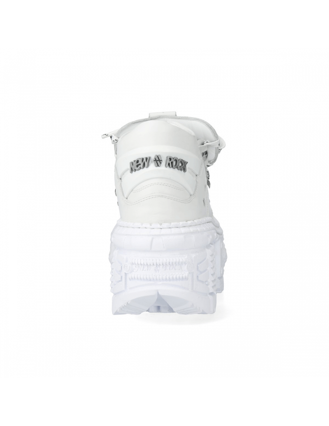 Back view of NEW ROCK white leather chunky ankle boots featuring metal loops and a thick platform sole.