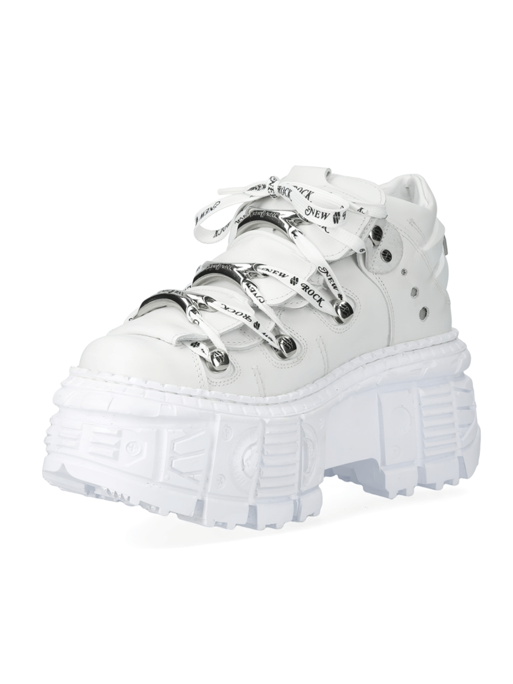 NEW ROCK Men's White Leather Chunky Lace-Up Ankle Boots with metal loops and platform sole for a stylish punk rock look.