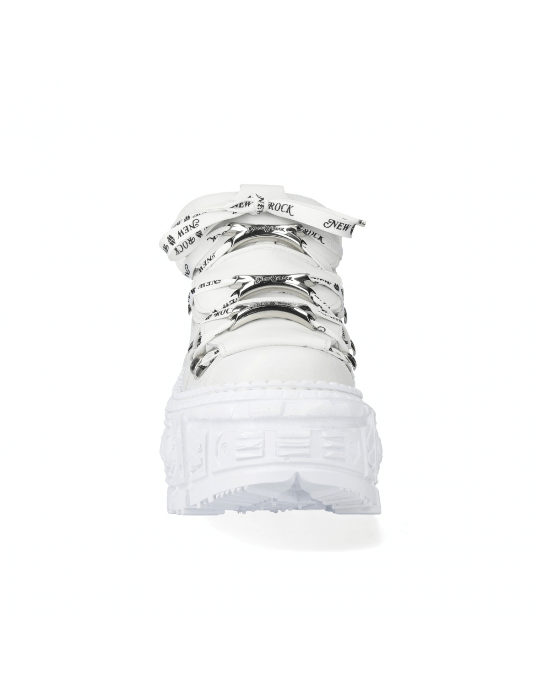 NEW ROCK white leather chunky ankle boots with metal loops and unique laces, perfect for punk rock style.