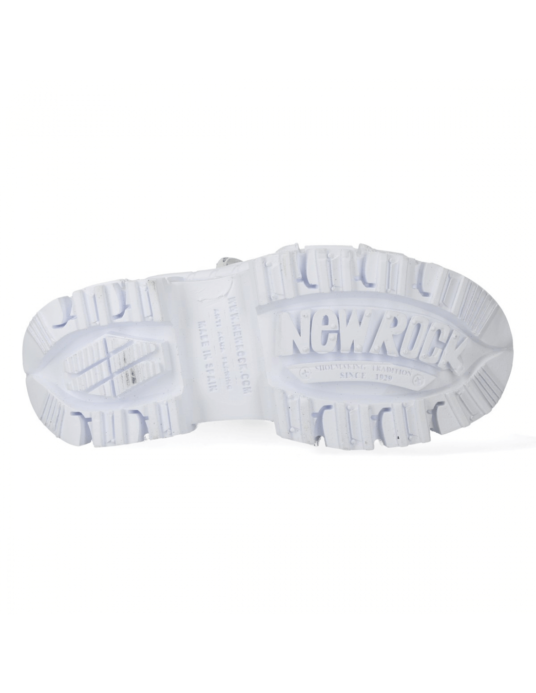 Bottom view of NEW ROCK white leather chunky ankle boots showcasing the durable PU-Ultra sole with bold tread design.