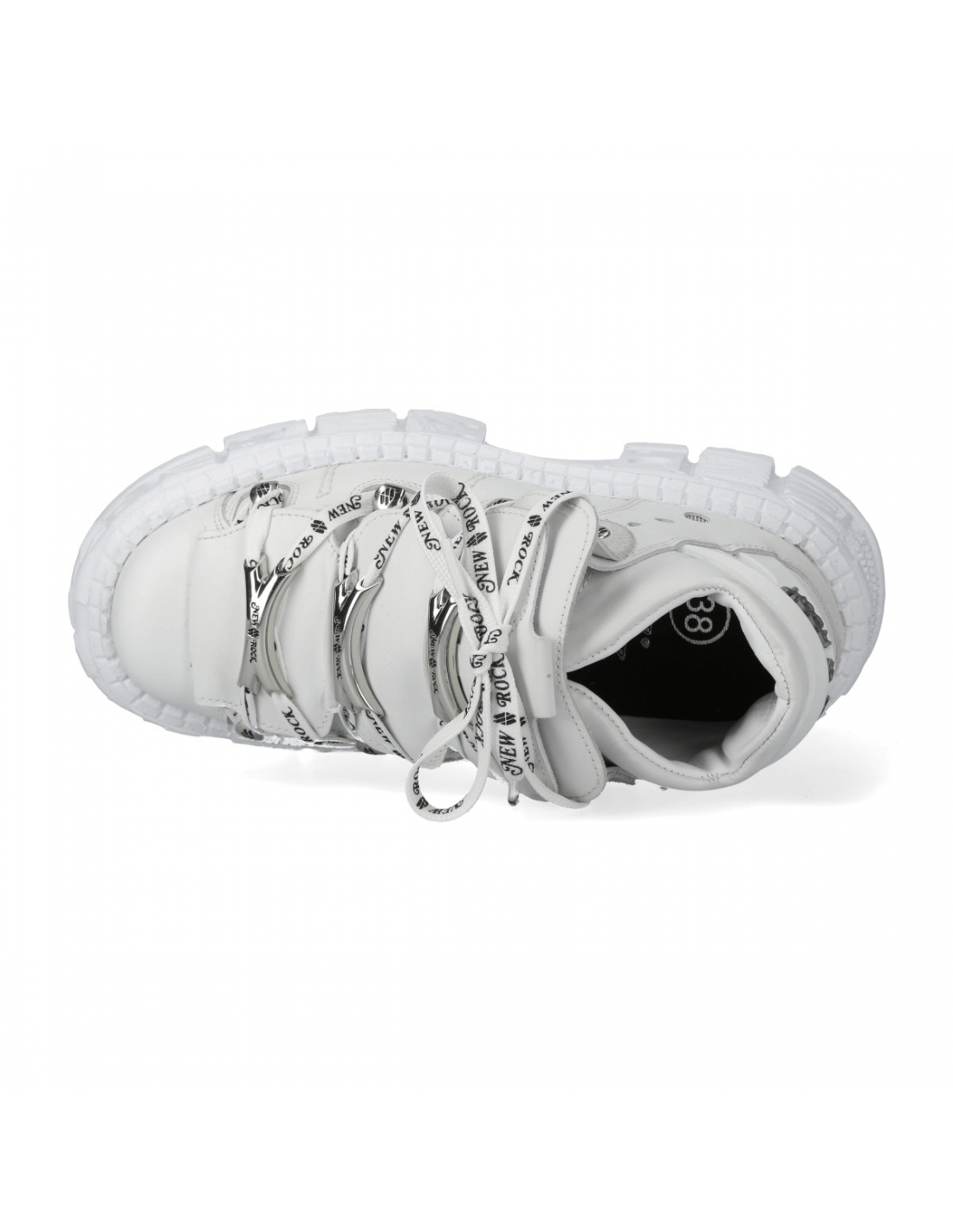 Top view of NEW ROCK Men's White Leather Chunky Lace-Up Ankle Boots with unique lacing design and thick sole.