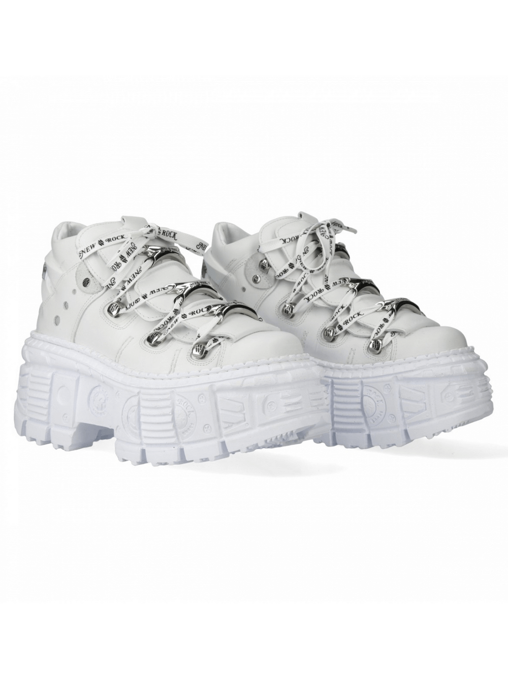 NEW ROCK Men's White Leather Chunky Lace-Up Ankle Boots with metal loops and thick platform sole.