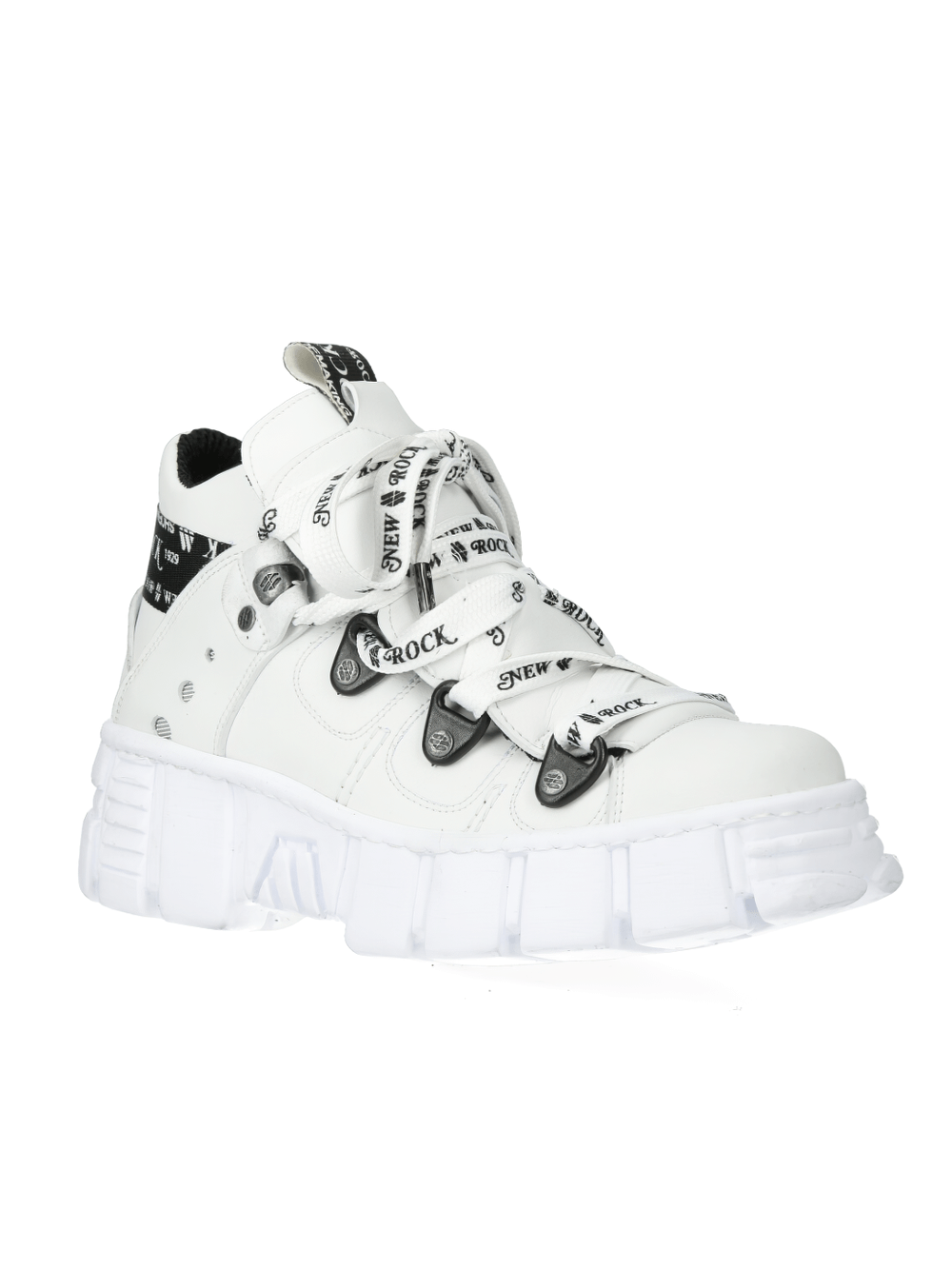 NEW ROCK white punk platform sneakers with chunky sole and bold laces for a striking fashion statement.