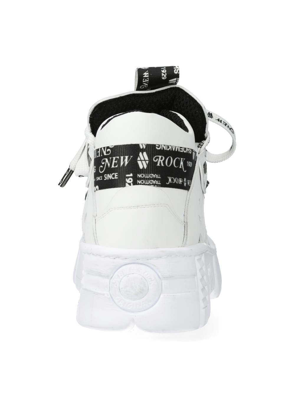 Back view of NEW ROCK white platform ankle boots with chunky sole, showcasing gothic design and stylish branding.