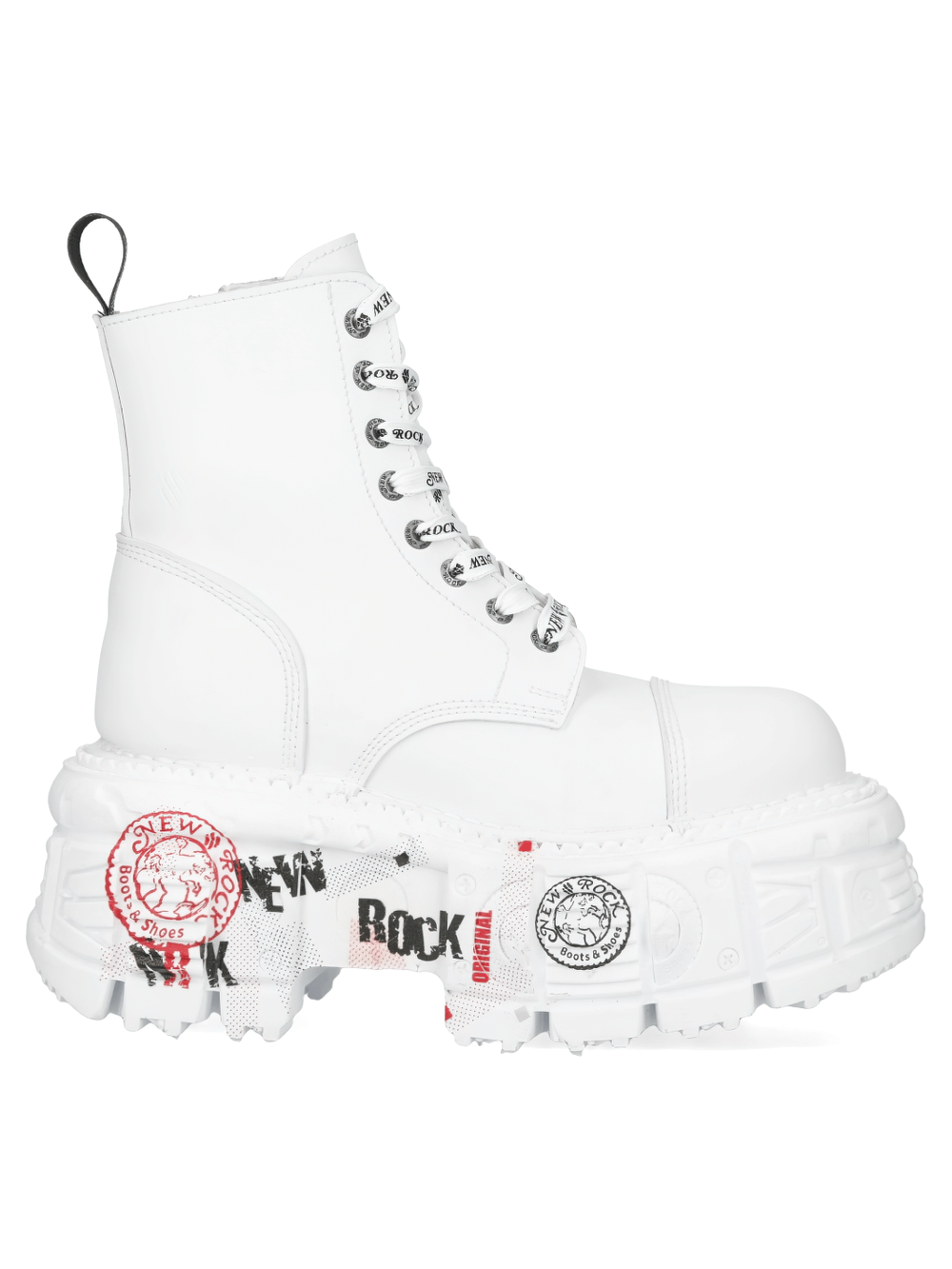 NEW ROCK Men's White Punk Lace-Up Boots with unique patches and bold platform design, perfect for gothic fashion.