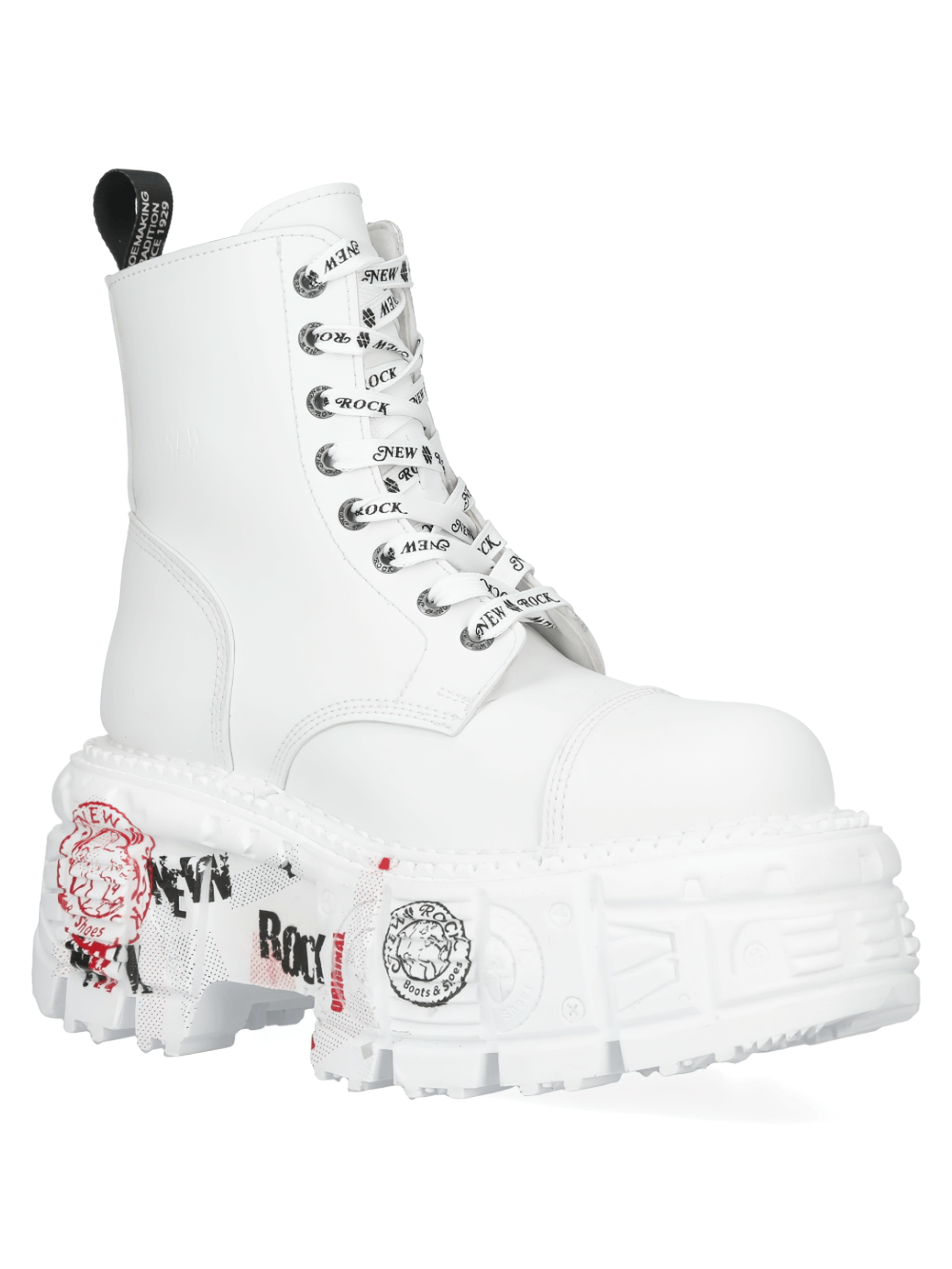 NEW ROCK men's white punk lace-up boots with custom patches, featuring a bold platform and unique military-inspired design.