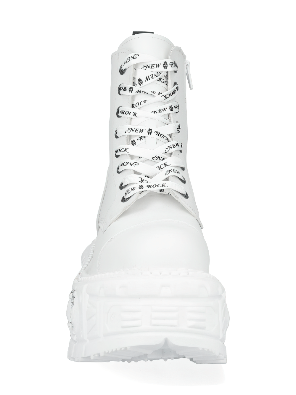 NEW ROCK Men's White Punk Lace-Up Boots with bold laces and unique patches, showcasing a stylish platform design.