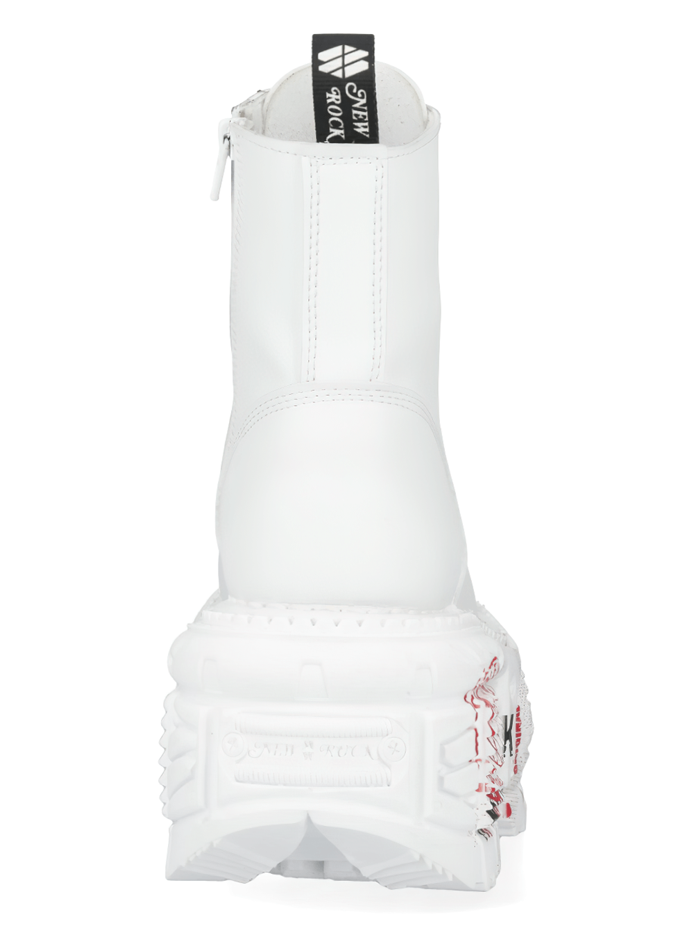 Back view of NEW ROCK Men's White Punk Lace-Up Boots with unique patches and bold platform design.