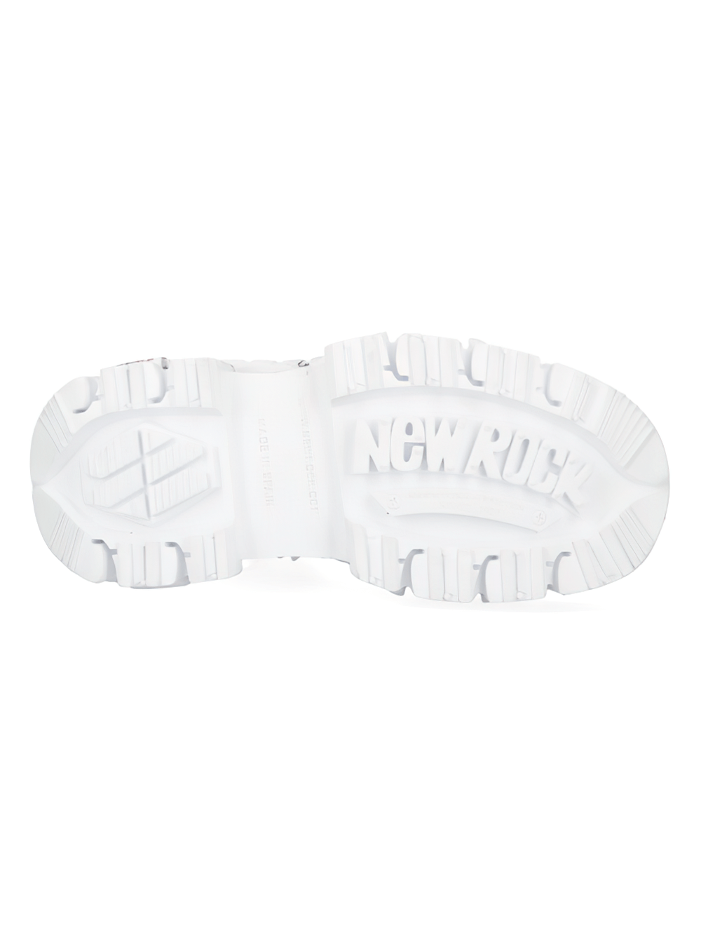 Sole of NEW ROCK Men's White Punk Lace-Up Boots showcasing unique tread design and logo.