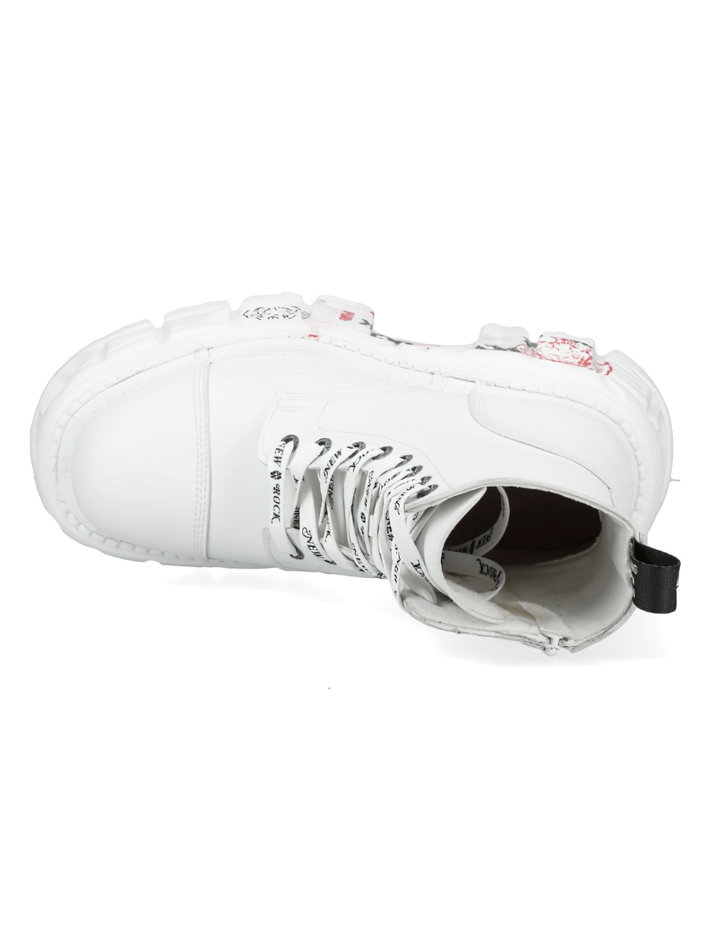 Top view of NEW ROCK white punk lace-up boots featuring unique patches and a bold design.