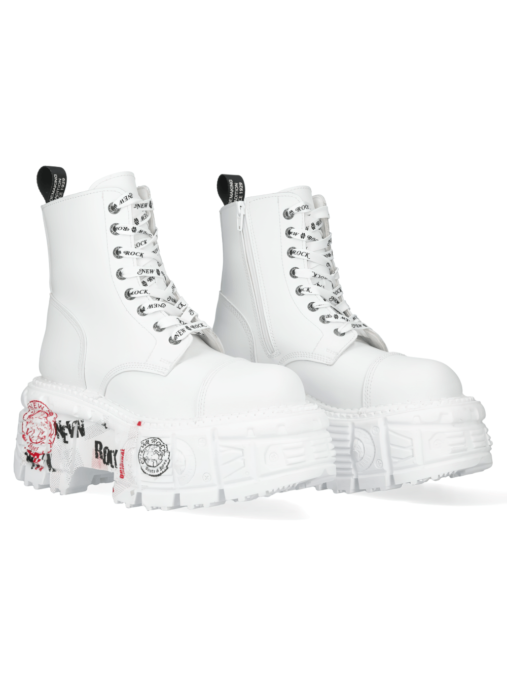 NEW ROCK white punk lace-up boots with custom patches, featuring a bold platform and military-inspired design.