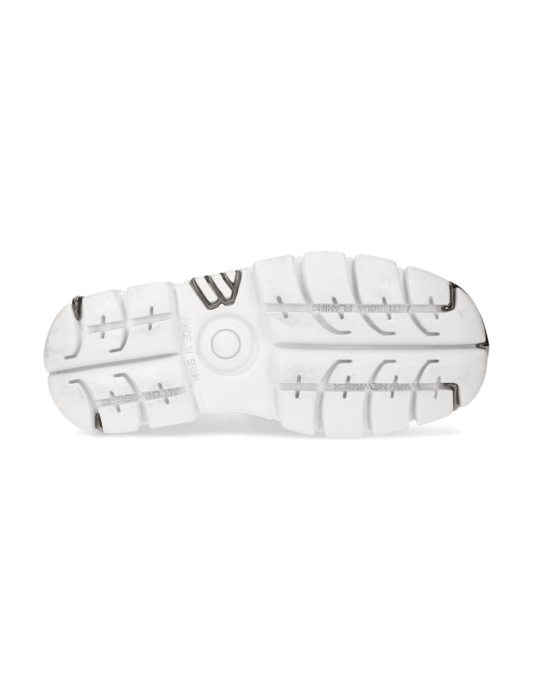 Bottom view of NEW ROCK Men's White Punk Platform Boots with traction details and bold sole design.