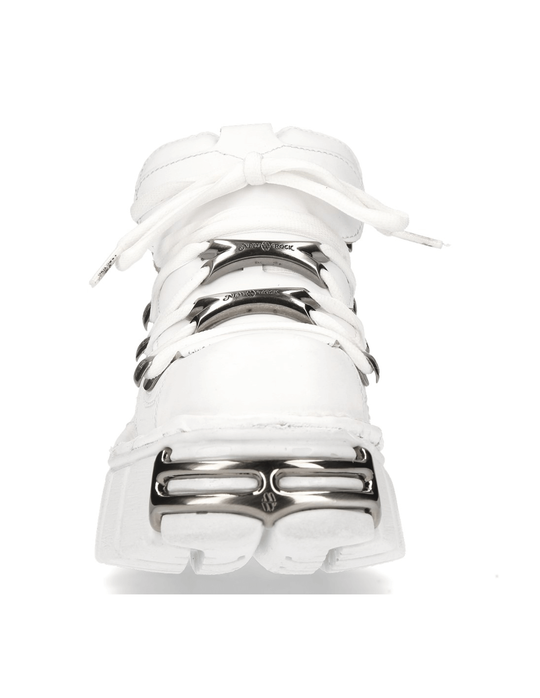 Front view of NEW ROCK Men's white punk platform boots with metal accents and lace-up design.