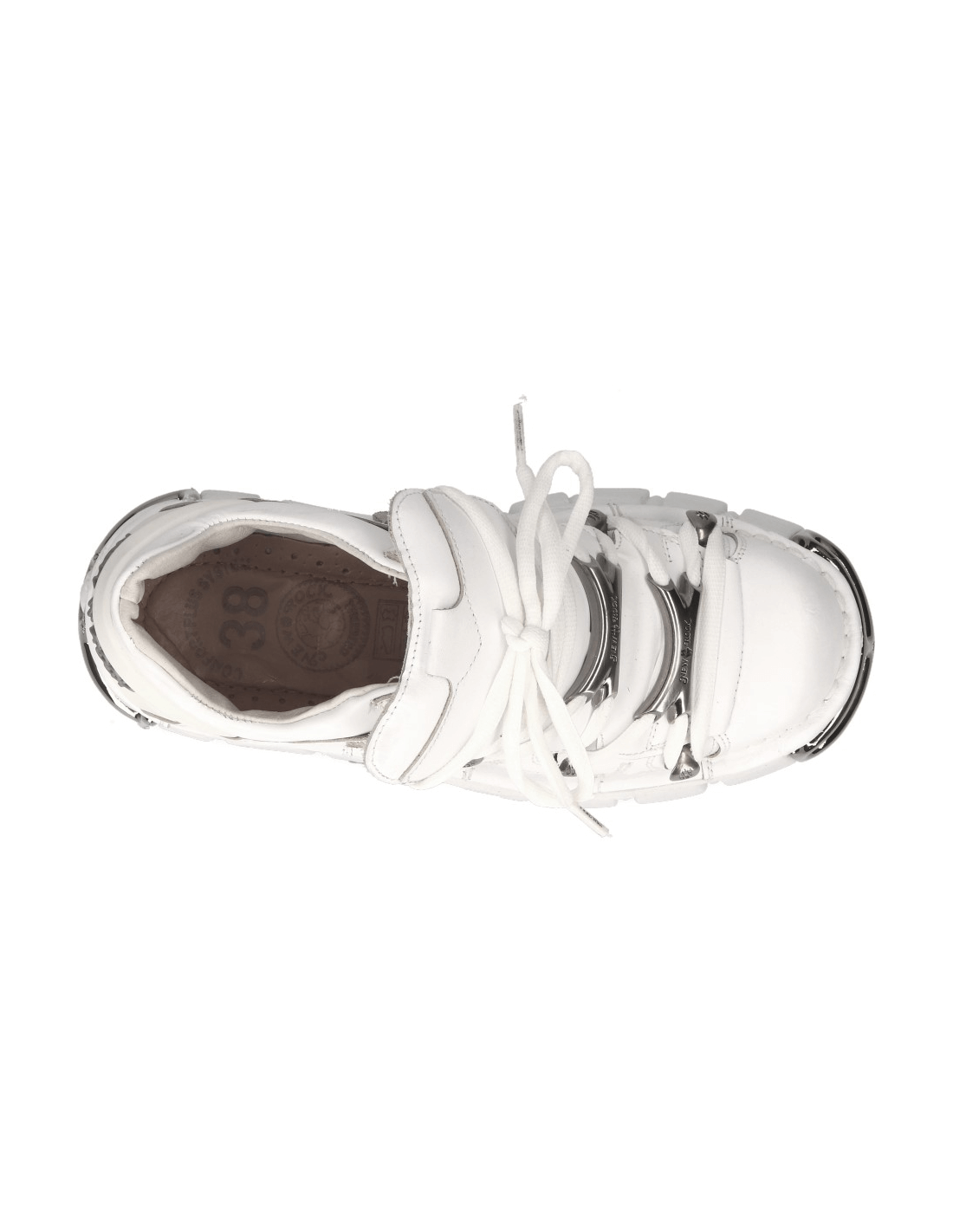 Top view of NEW ROCK white punk platform boots with metal accents and cord closure.