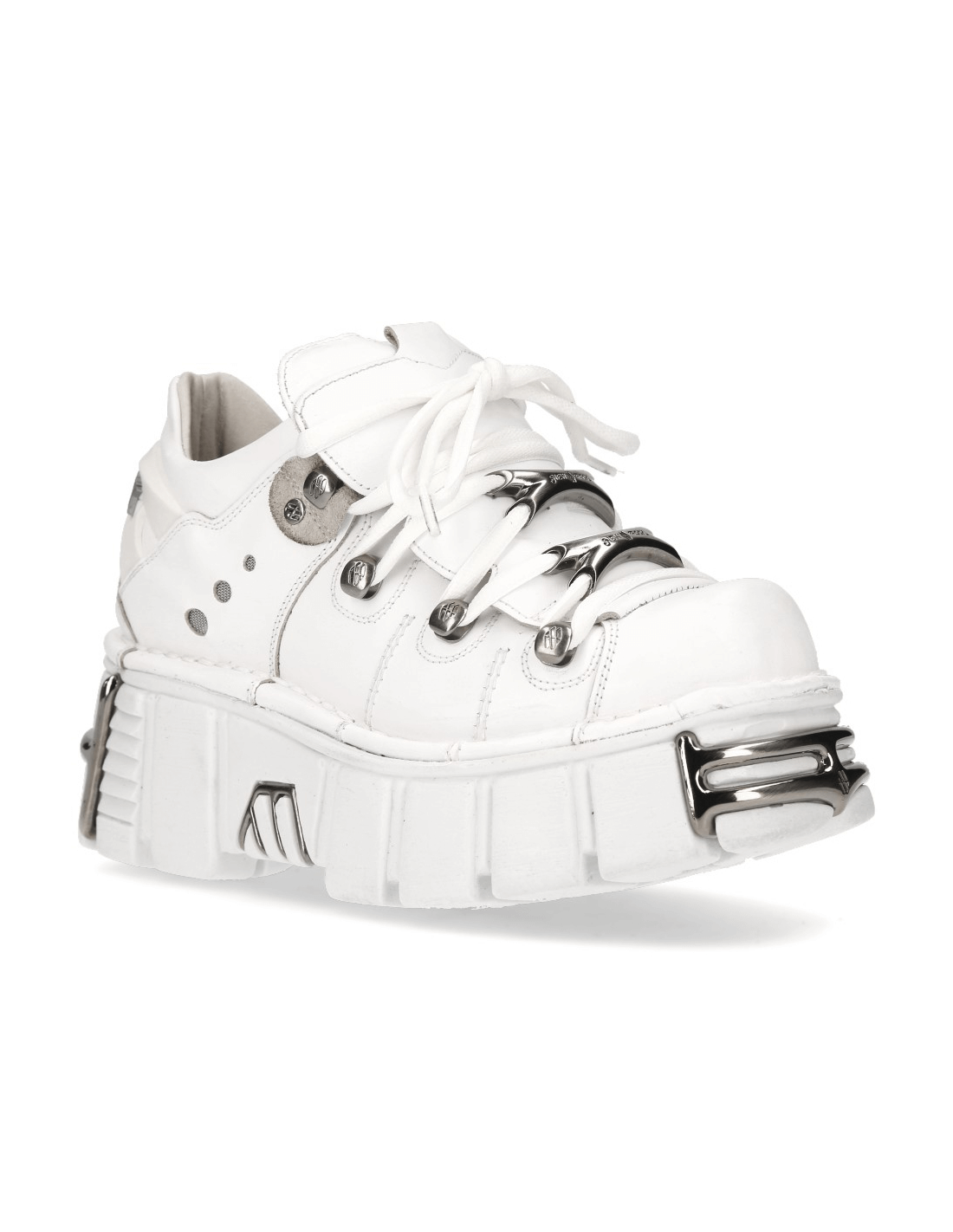 New Rock Men's White Punk Platform Boots with metallic accents, featuring bold design and unique platform sole.