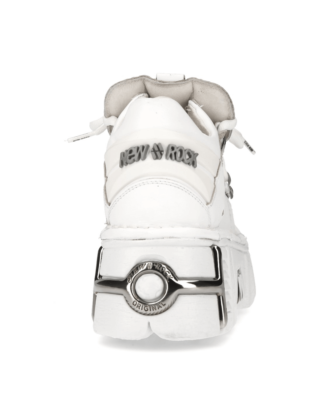 NEW ROCK men's white punk platform boots with metal accents and stylish back view.