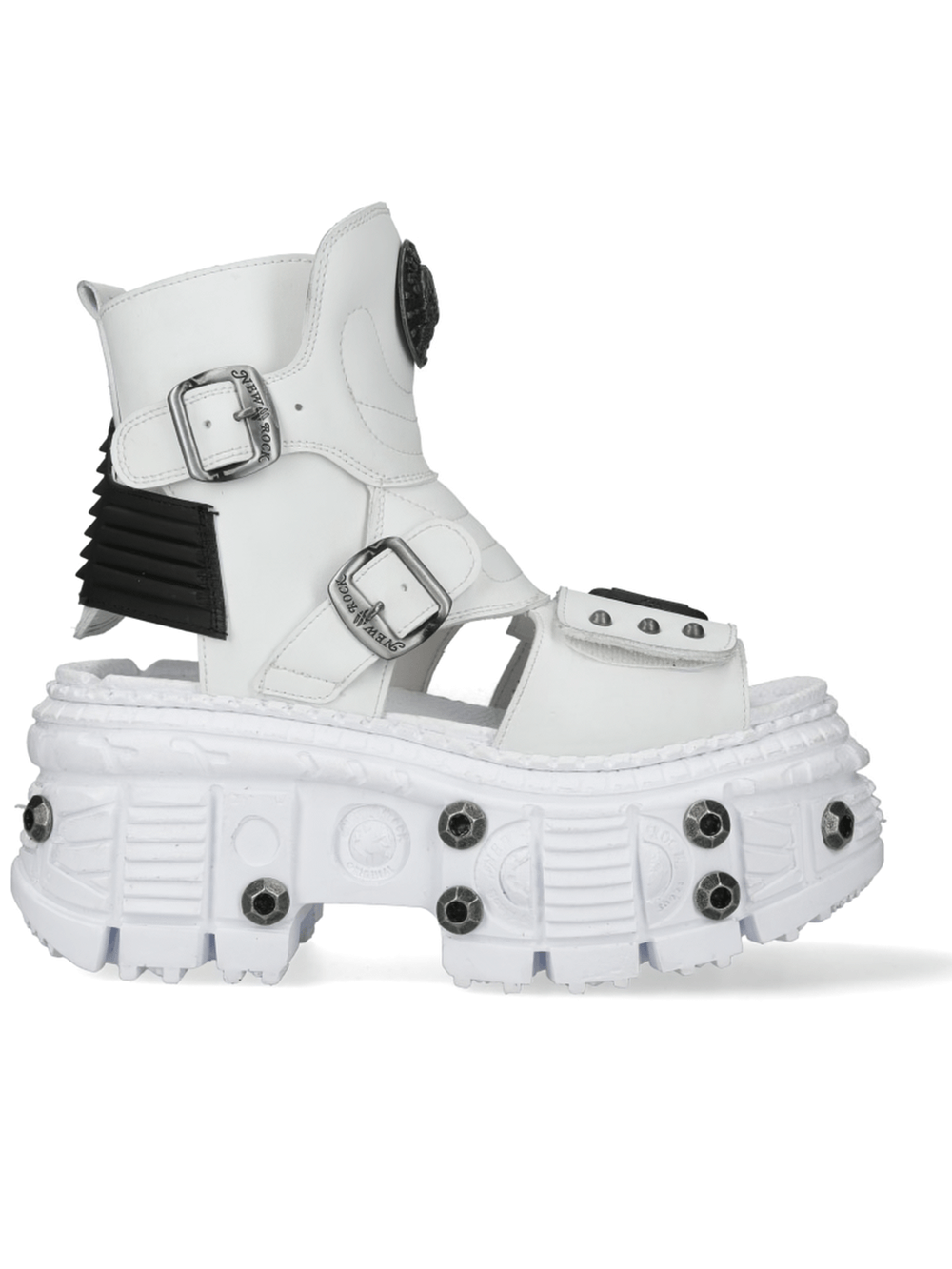 NEW ROCK White Punk Zip-Up Open-Toe Ankle Boots with Buckles and Chunky Sole, perfect for edgy fashion lovers.